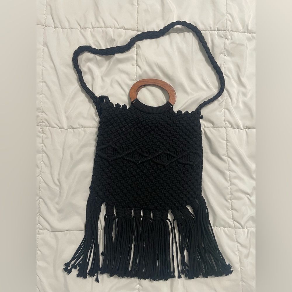 Black Woven Handbag with Wooden Handle macrame